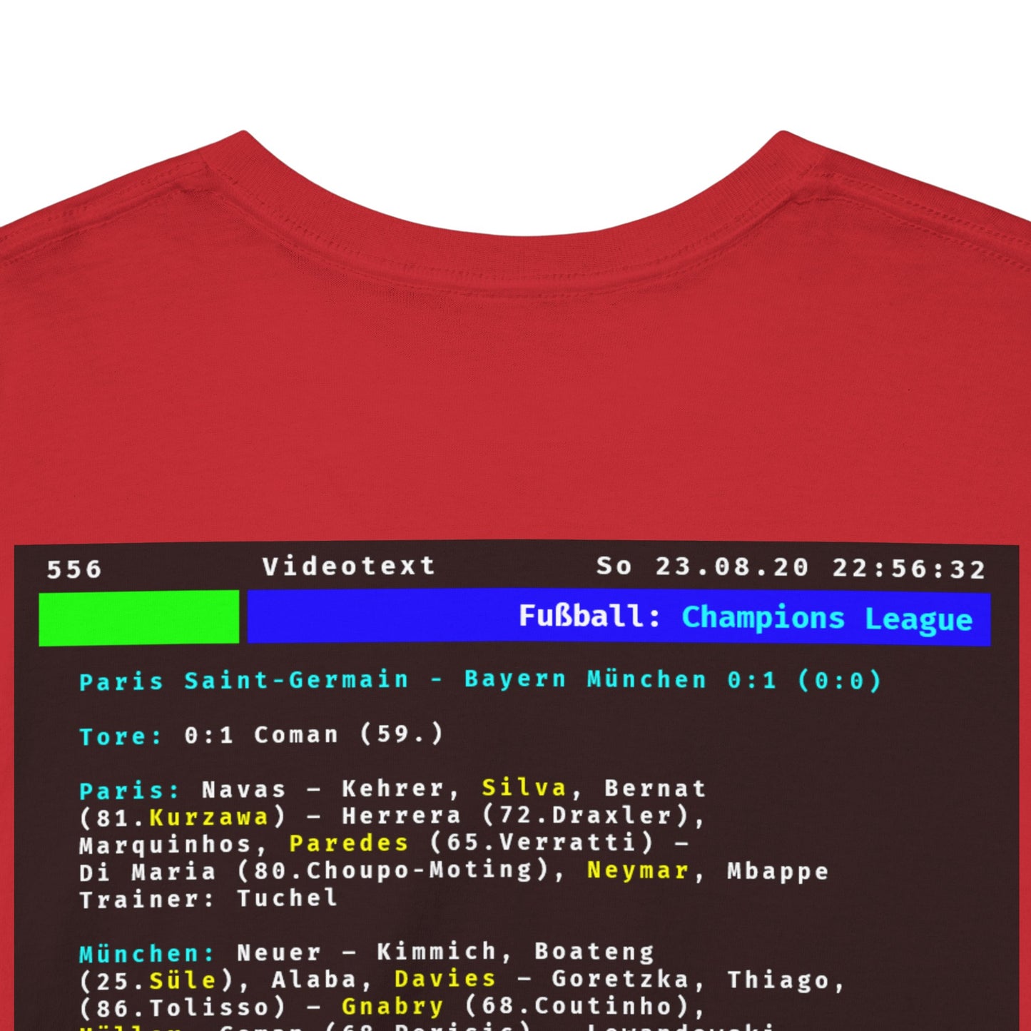 Videotext Shirt - Champions League Finale 2020 FC Bayern München vs Paris Saint-Germain design featuring match details.