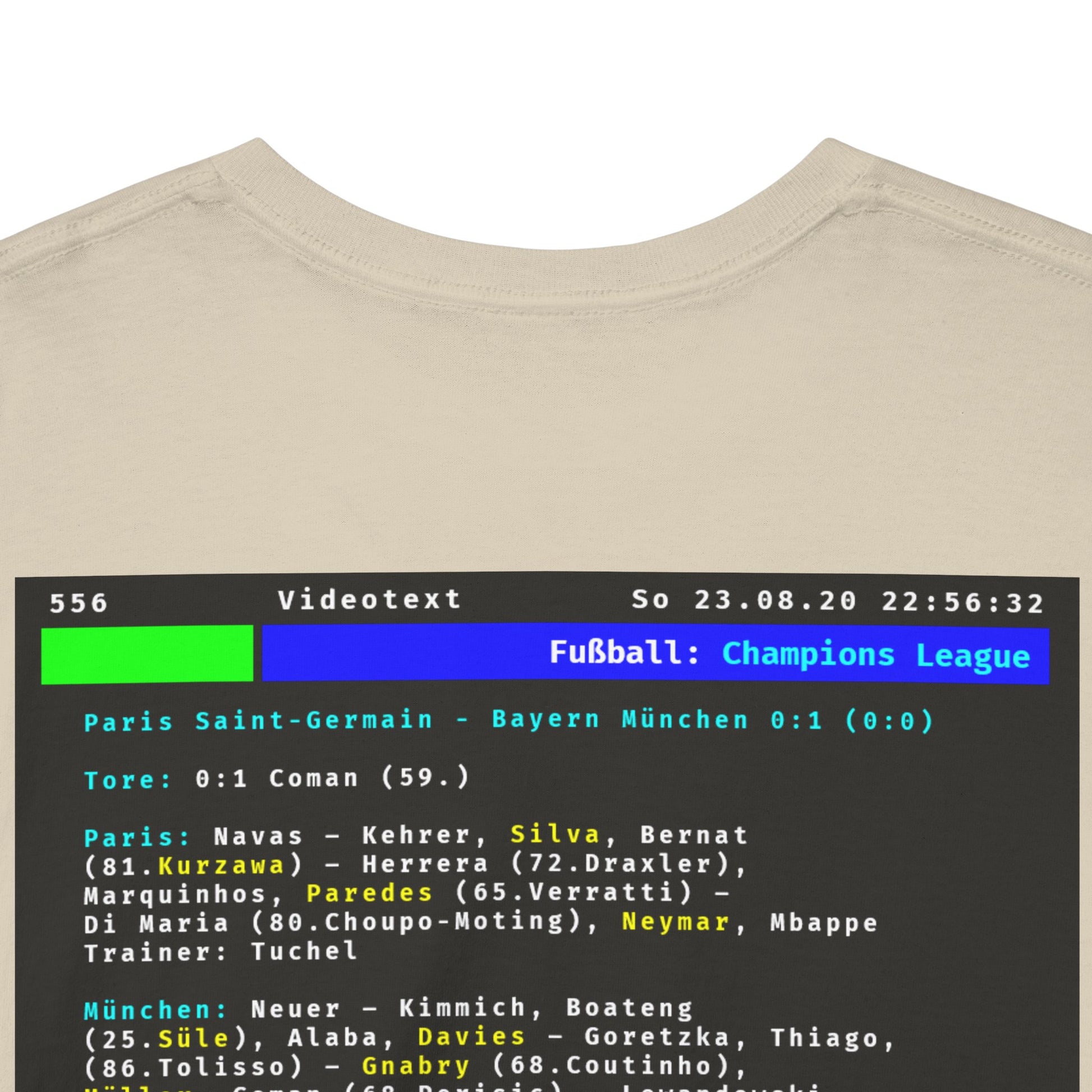 Videotext Shirt - Champions League Finale 2020 FC Bayern München vs Paris Saint-Germain back design with match details.