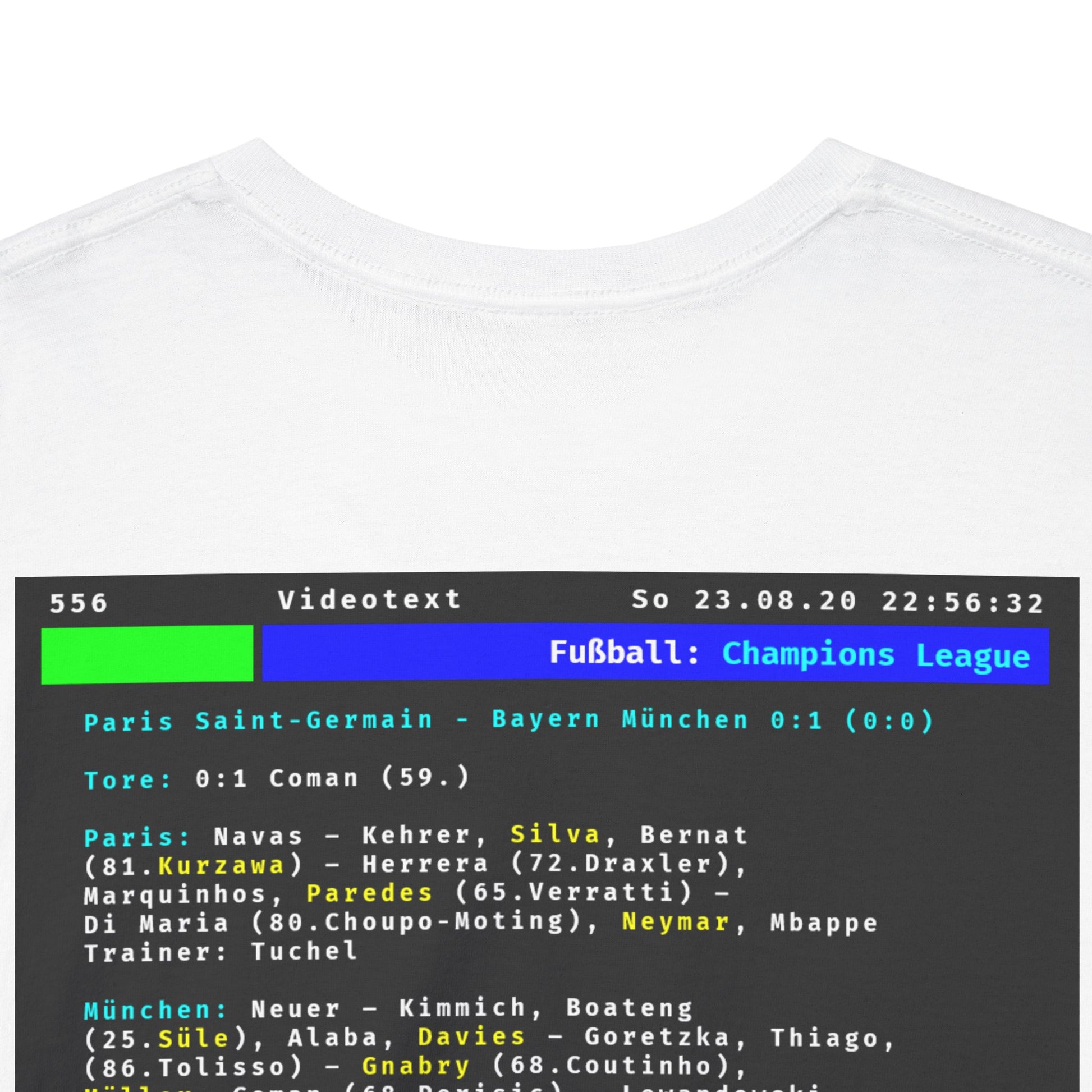Videotext Shirt - Champions League Finale 2020 FC Bayern München vs Paris Saint-Germain with team lineups on back