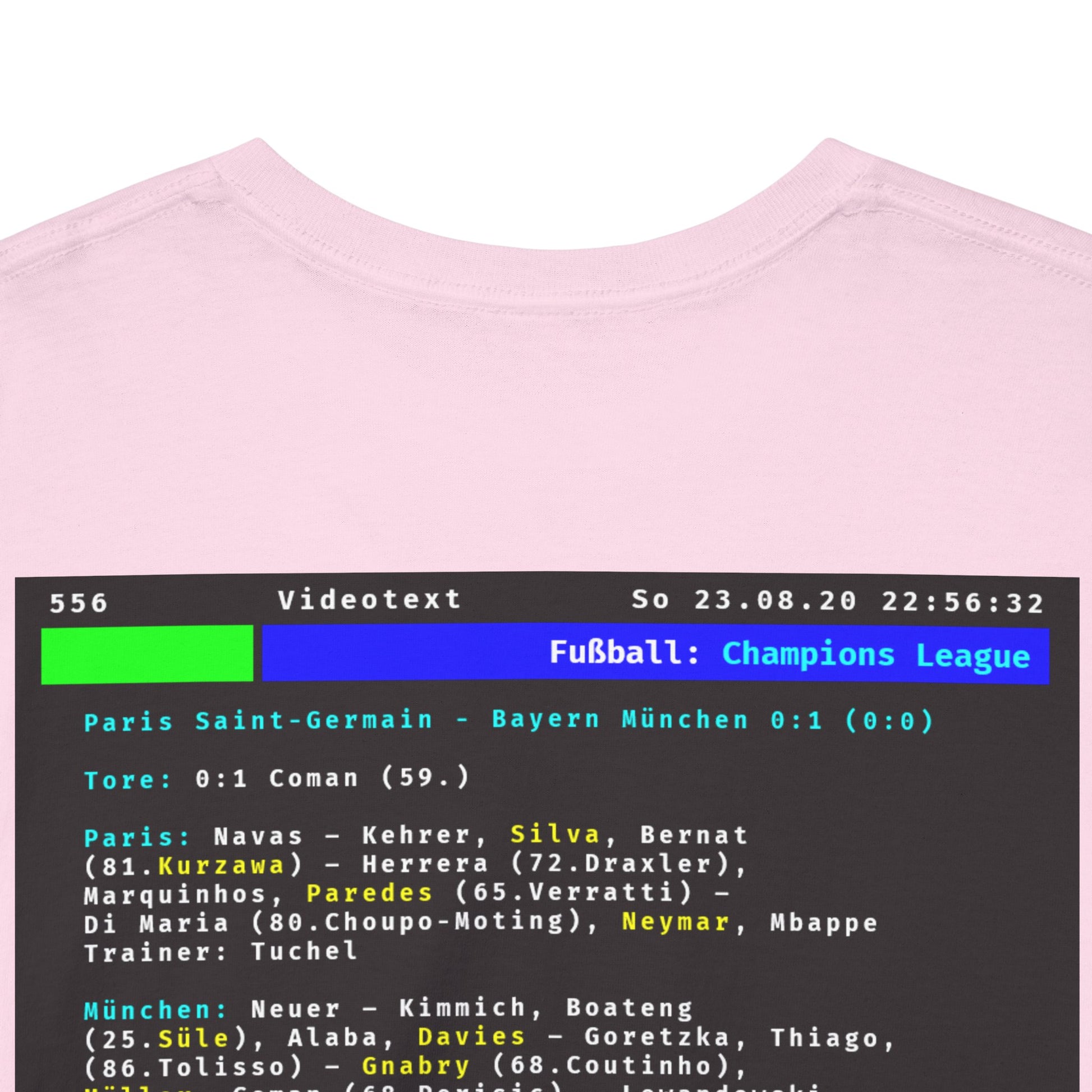 Videotext Shirt - Champions League Finale 2020 FC Bayern München vs Paris Saint-Germain design featuring match details.