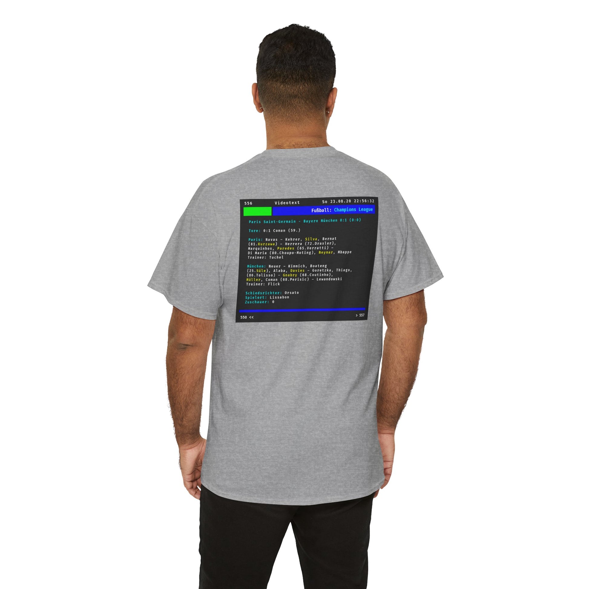 Videotext Shirt - Champions League Finale 2020 FC Bayern München vs Paris Saint-Germain, back view with iconic vide text display.