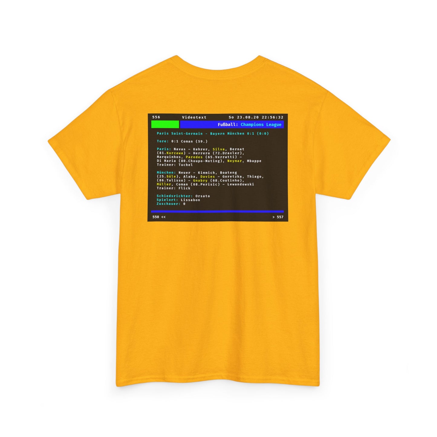 Videotext Shirt - Champions League Finale 2020 FC Bayern München vs Paris Saint-Germain, yellow t-shirt with classic retro design.