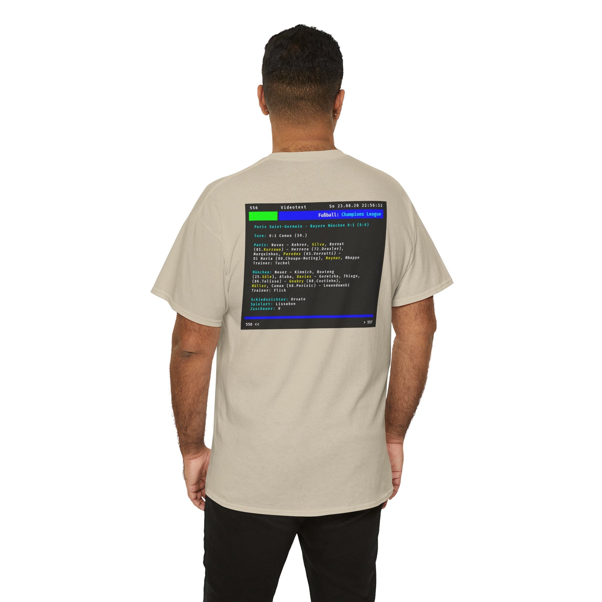 Videotext Shirt - Champions League Finale 2020 FC Bayern München vs Paris Saint-Germain displayed on back.