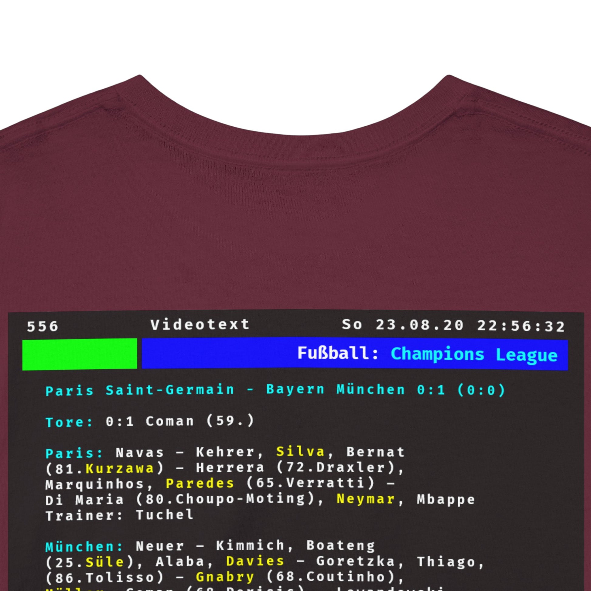 Videotext Shirt - Champions League Finale 2020 FC Bayern München vs Paris Saint-Germain featuring match details.