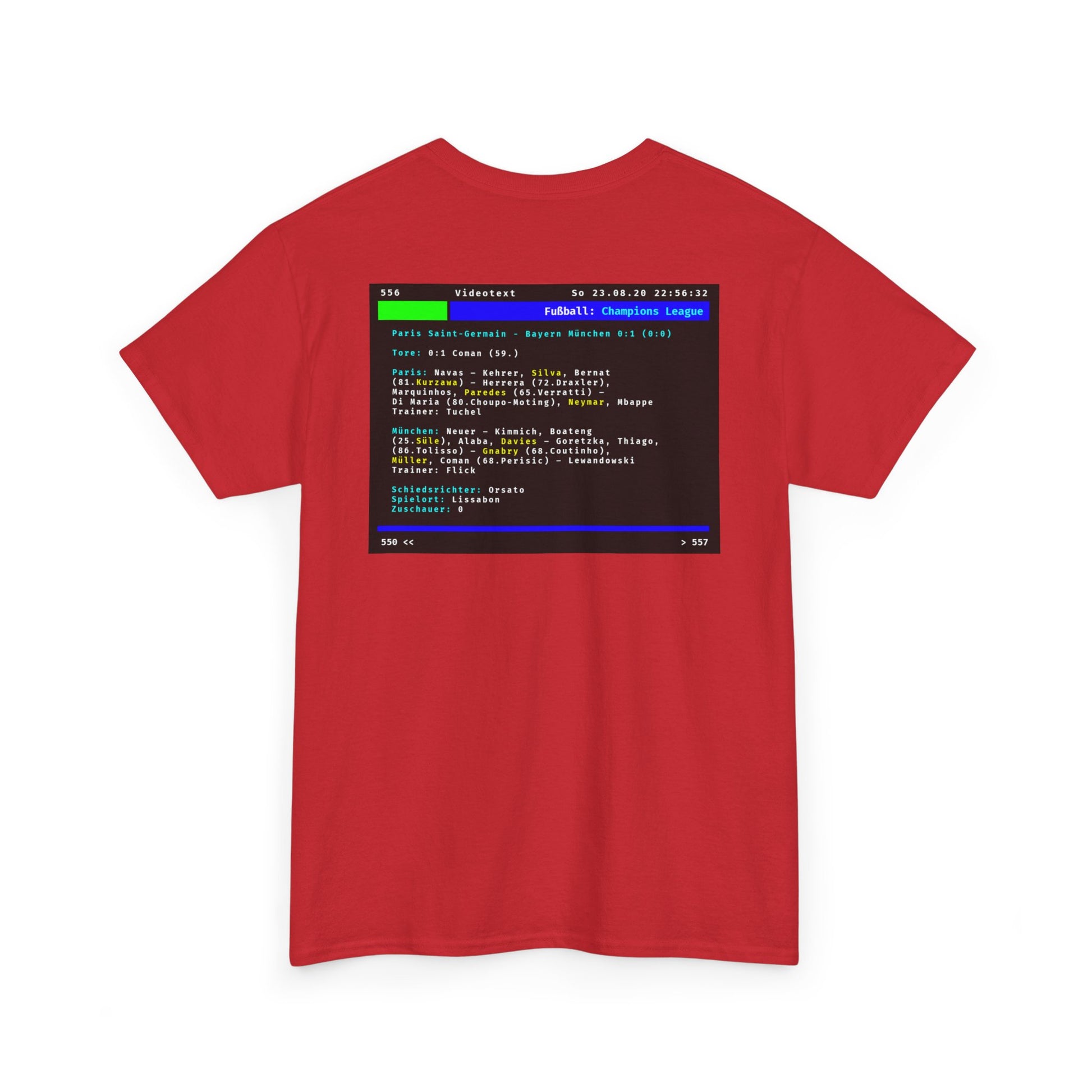 Videotext Shirt - Champions League Finale 2020 FC Bayern München vs Paris Saint-Germain on red T-shirt back view.