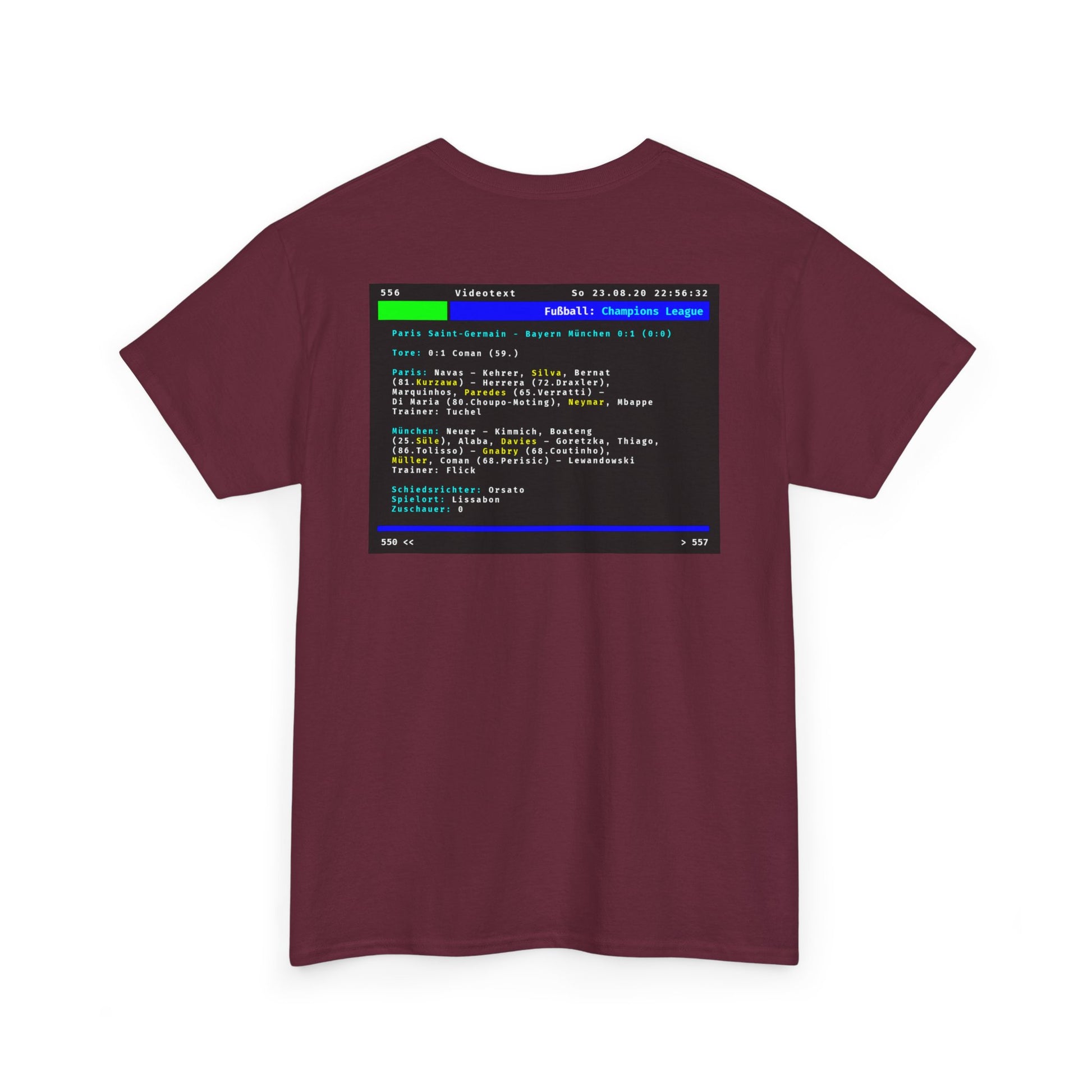 Videotext Shirt - Champions League Finale 2020 FC Bayern München vs Paris Saint-Germain displayed on maroon T-shirt.