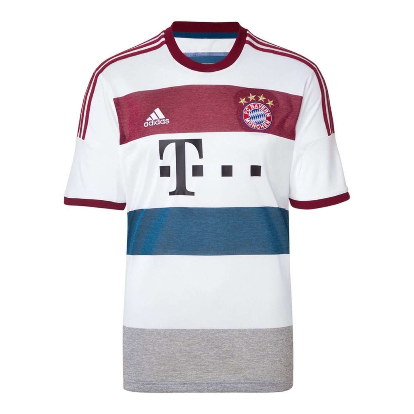 FC Bayern München 2014/2015 Away Trikot in Weiß mit rot-blauen Streifen und Adidas-Logo.