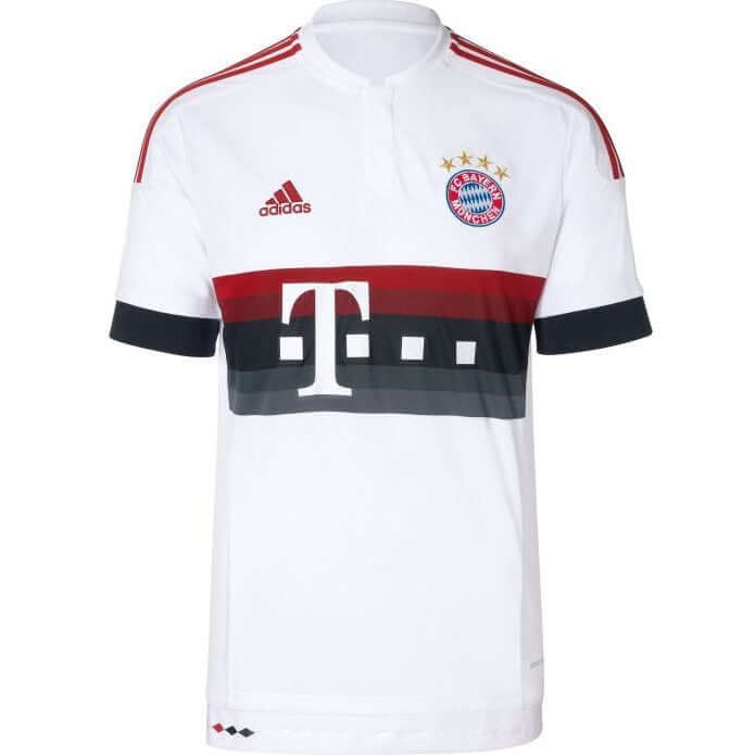 FC Bayern München 2015/2016 auswärts Trikot in Weiß mit rotem und grauem Design von Adidas.
