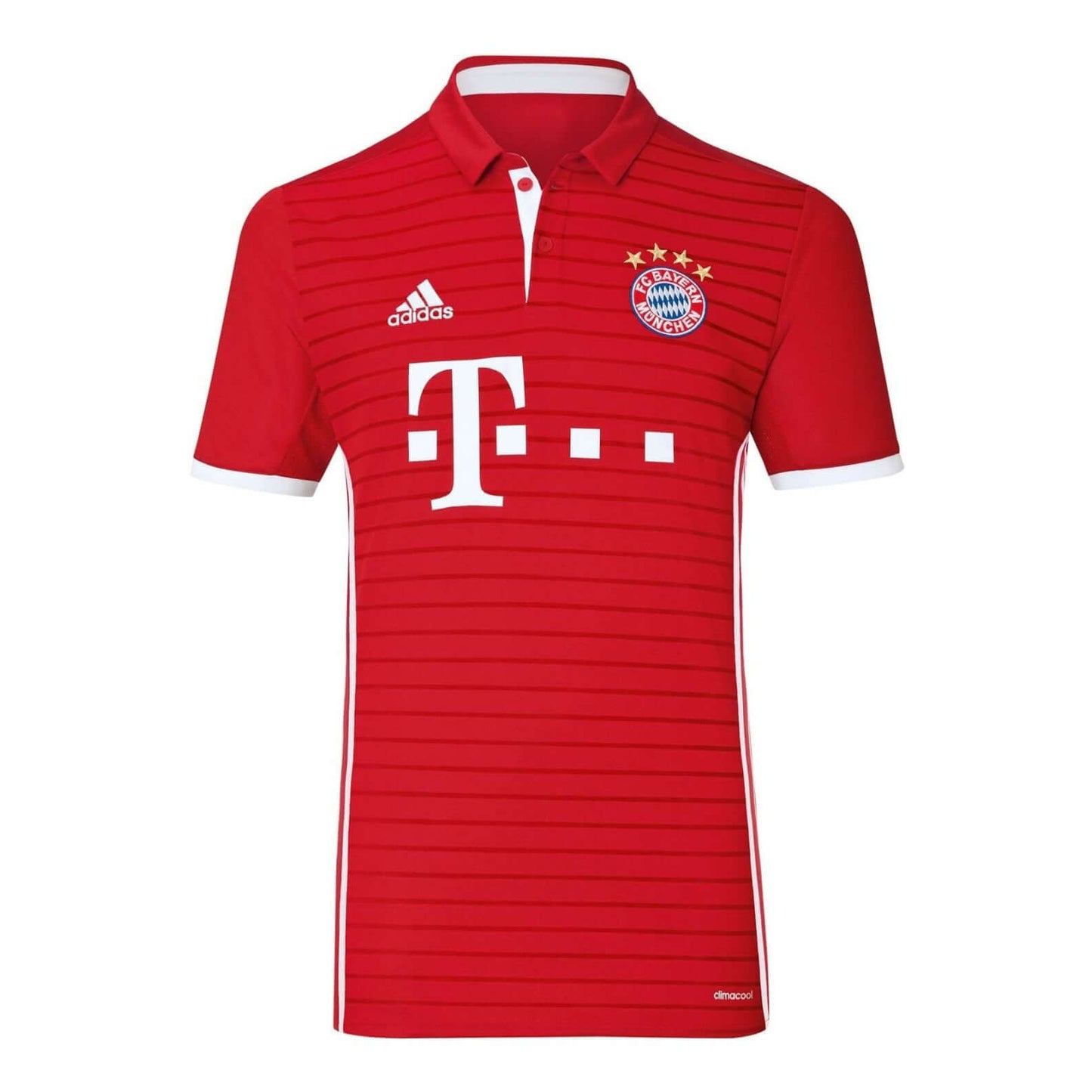 FC Bayern München 2016/2017 Trikot in Rot mit Kragen, adidas Logo und Vereinswappen, sportlich und stylisch.
