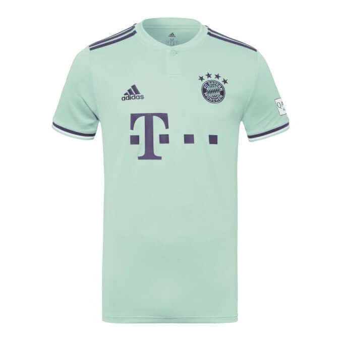 FC Bayern München 2018/2019 Auswärtstrikot türkis mit marineblauen Akzenten von Adidas.