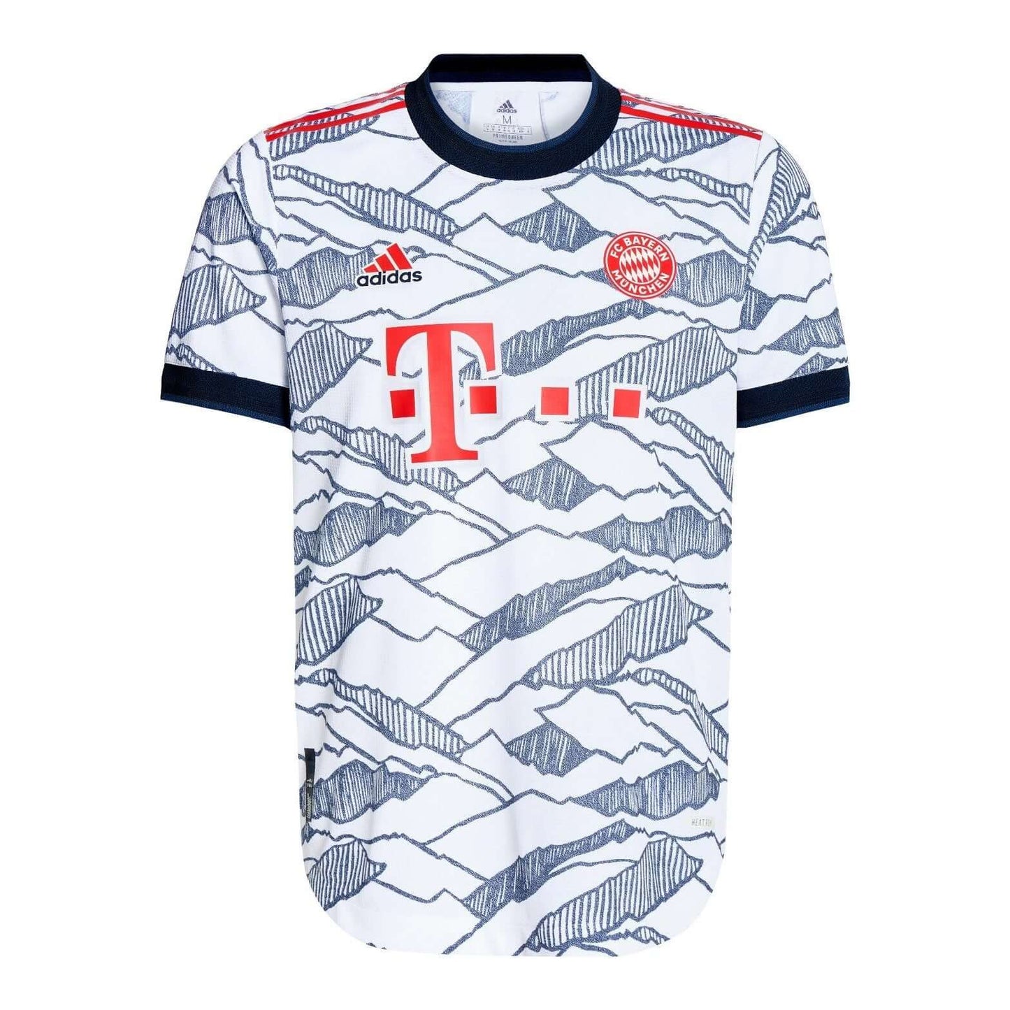 FC Bayern München 2021/2022 Third-Trikot in Weiß mit grafischem Design und roten Akzenten von Adidas.