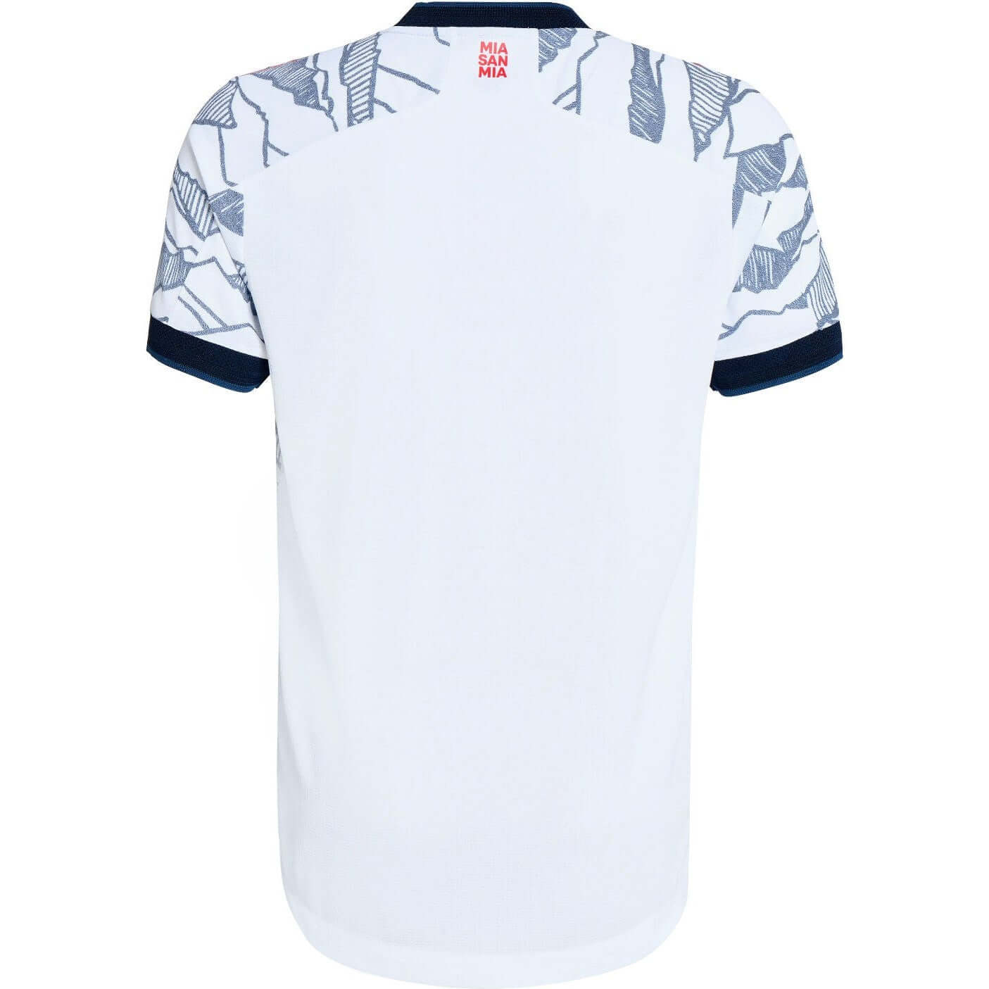 FC Bayern München 2021/2022 Trikot Third in Weiß, Rückansicht mit grafischem Design und MIA SAN MIA-Logo.