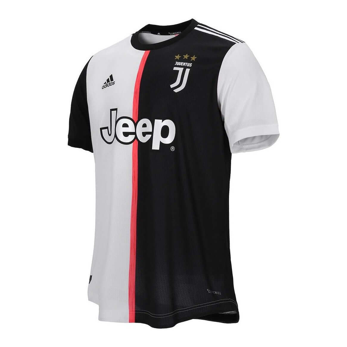 Juventus Turin Heimtrikot 2019/2020 in schwarz-weiß mit rosa Mittelstreifen, modernes Design von Adidas.