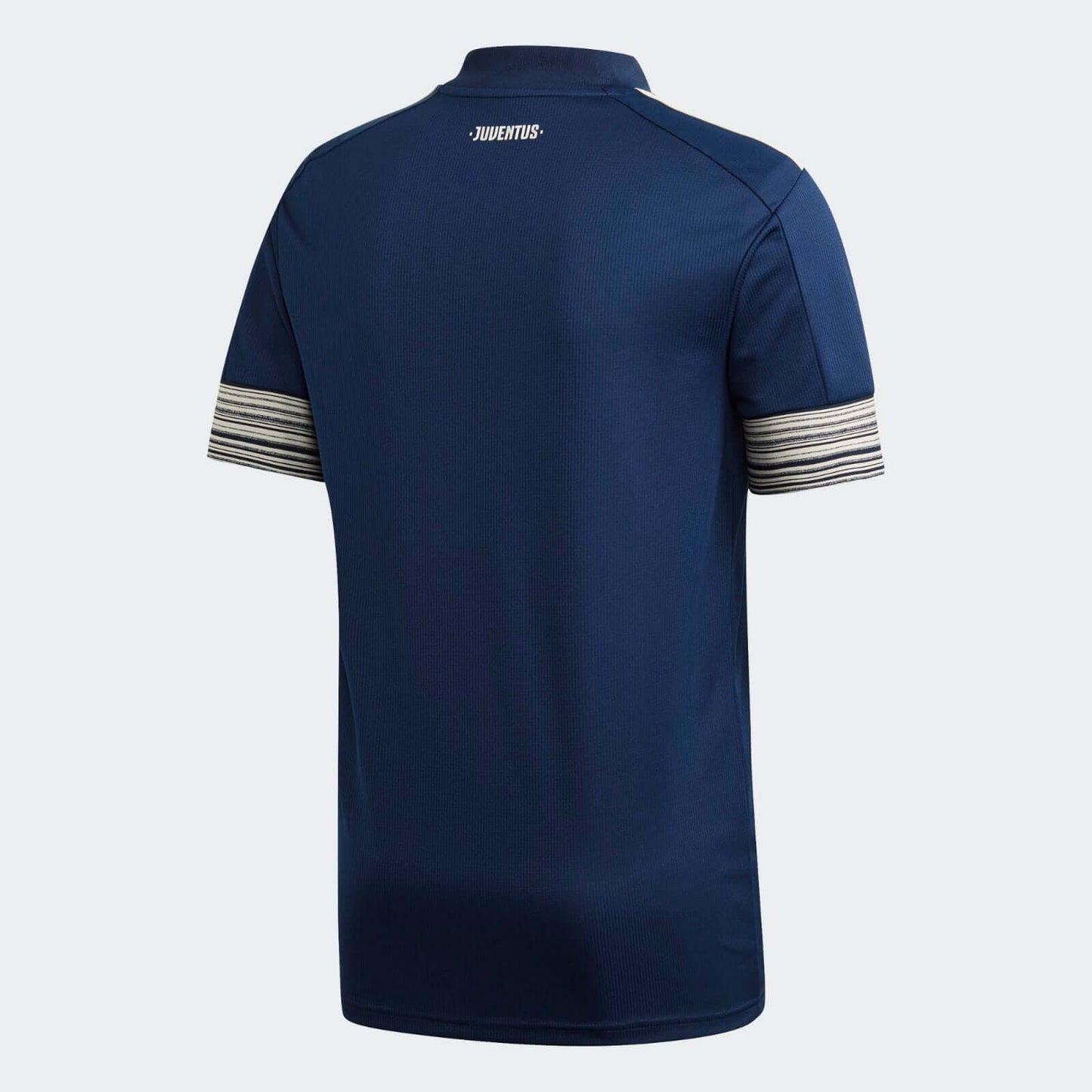 Juventus Turin 2020/2021 Trikot Away in Blau, Rückansicht, sportliches Design mit Streifen an den Ärmeln.