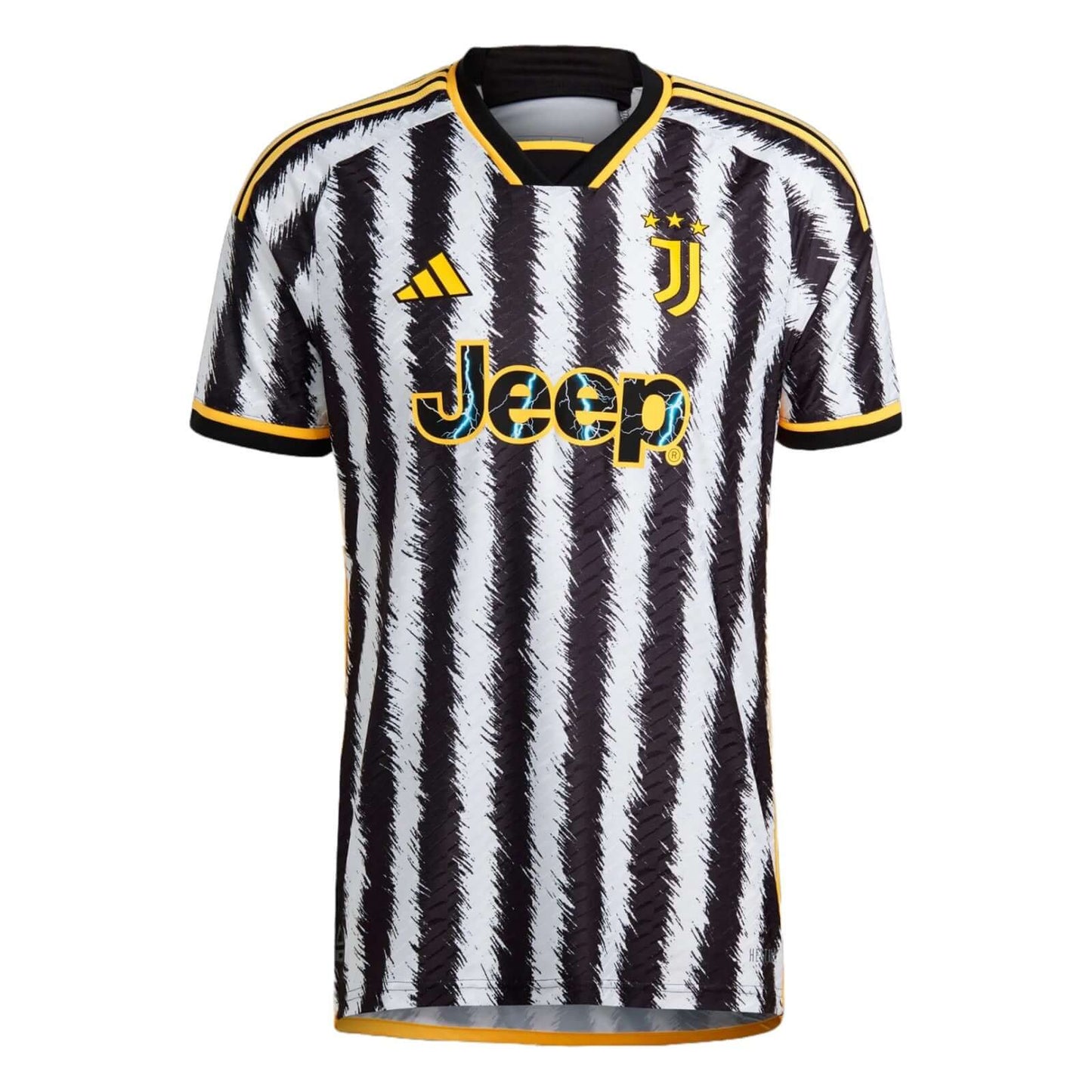 Juventus Turin 2023/2024 Heimtrikot in schwarz-weißen Streifen mit gelben Akzenten und Vereinslogo.