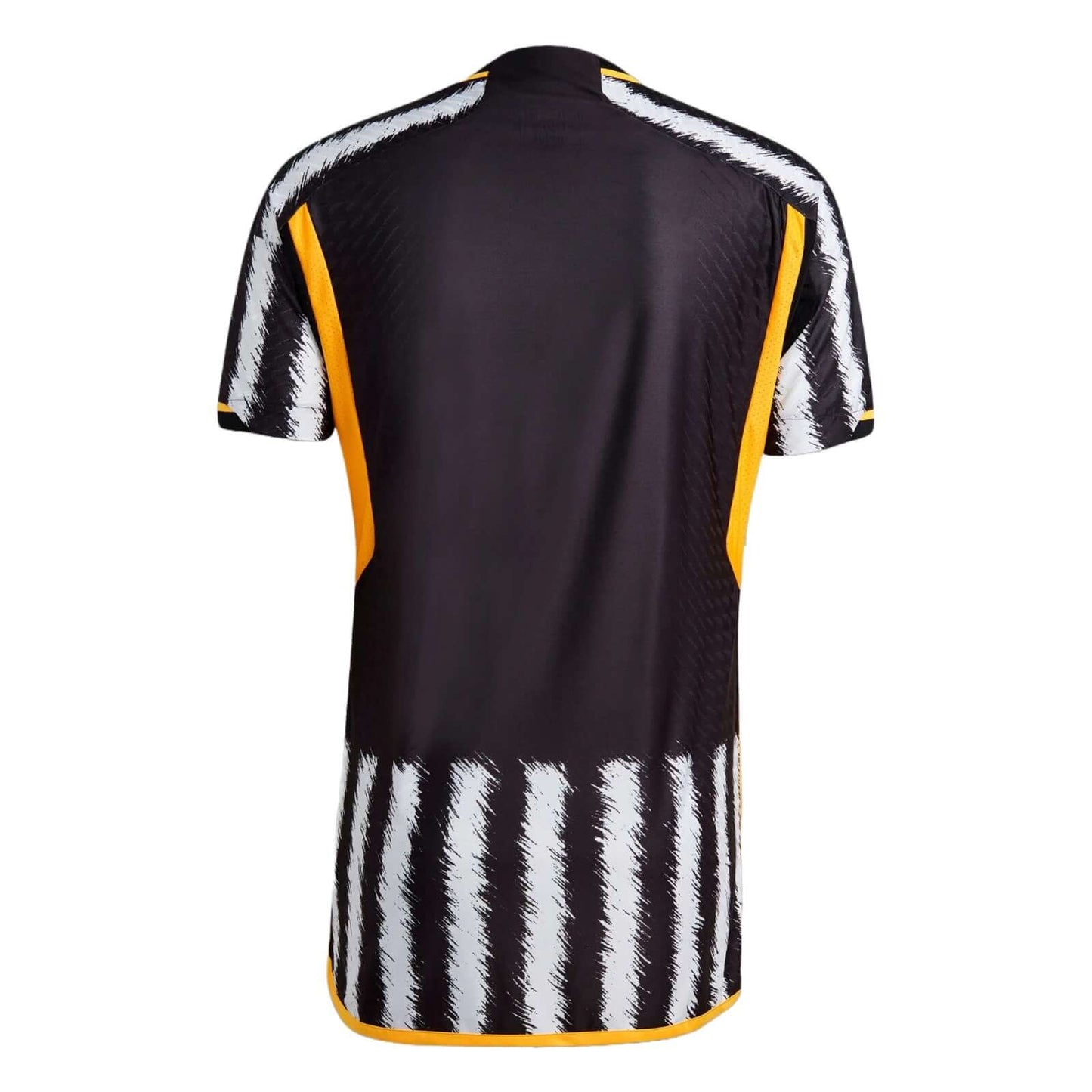 Juventus Turin Heimtrikot 2023/2024 in schwarz und weiß mit gelben Akzenten auf der Rückseite.