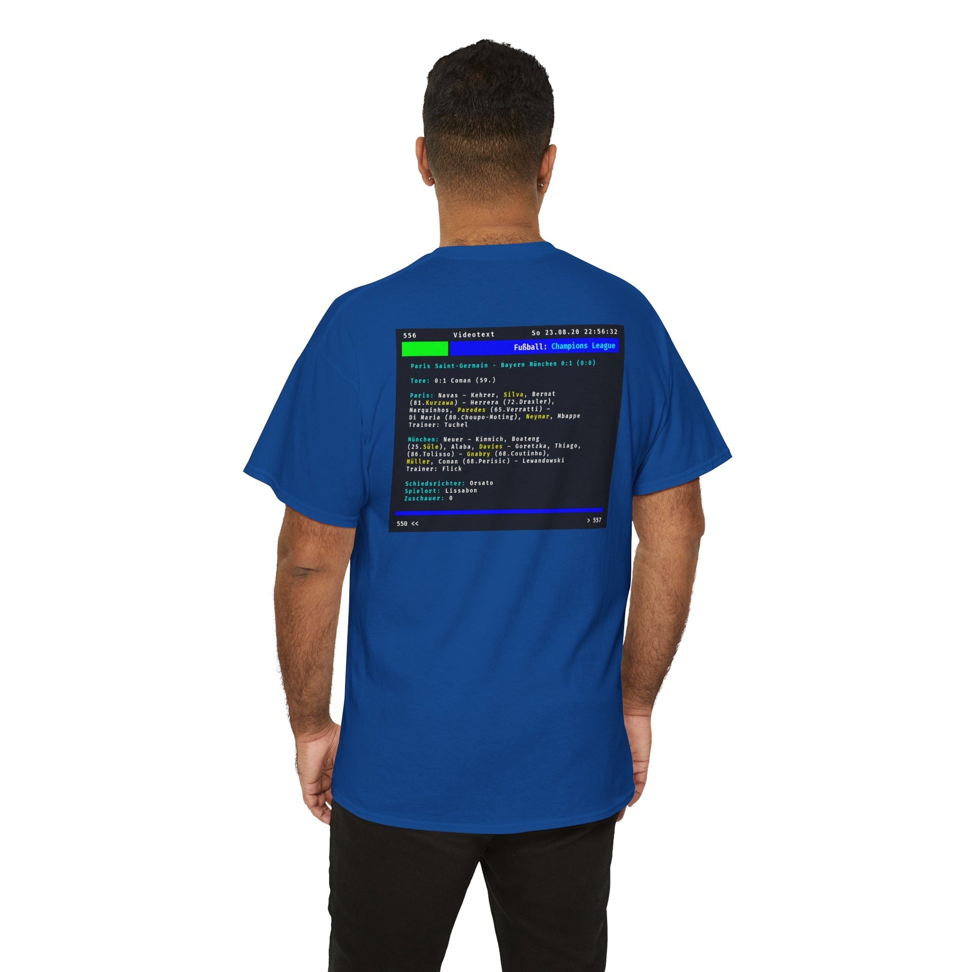 Videotext Shirt - Champions League Finale 2020 FC Bayern München vs Paris Saint-Germain, unisex T-Shirt in royal blue.