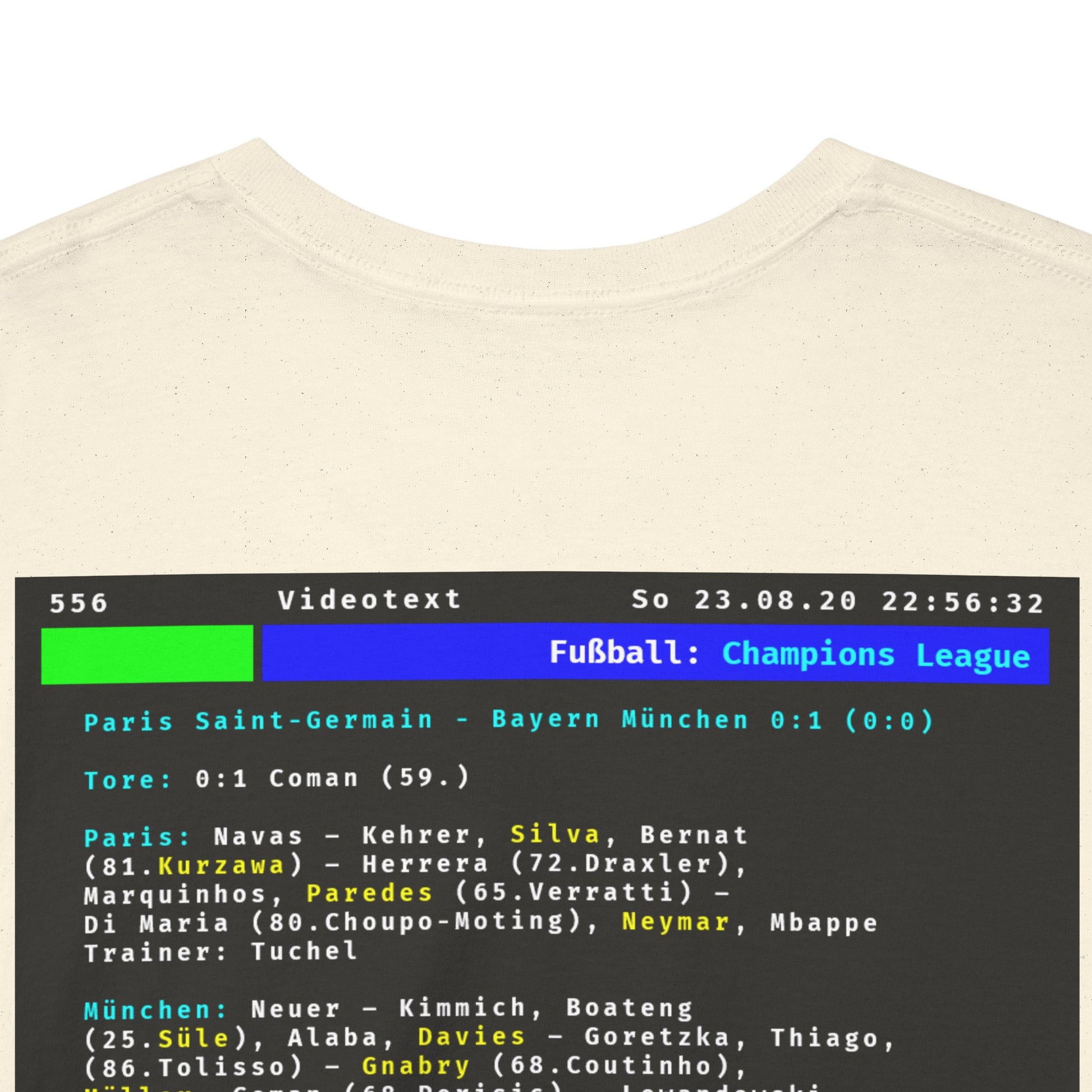 Videotext Shirt - Champions League Finale 2020 FC Bayern München vs Paris Saint-Germain back design featuring match details.