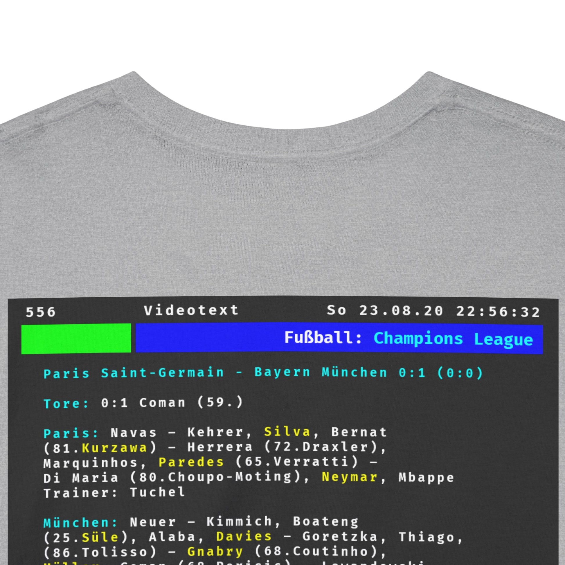 Videotext Shirt - Champions League Finale 2020 FC Bayern München vs Paris Saint-Germain with match details on the back.