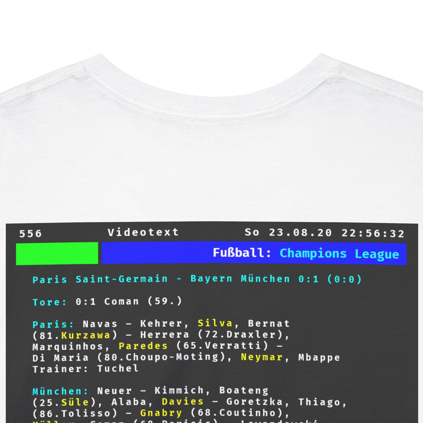 Videotext Shirt - Champions League Finale 2020 FC Bayern München vs Paris Saint-Germain with team lineups on back