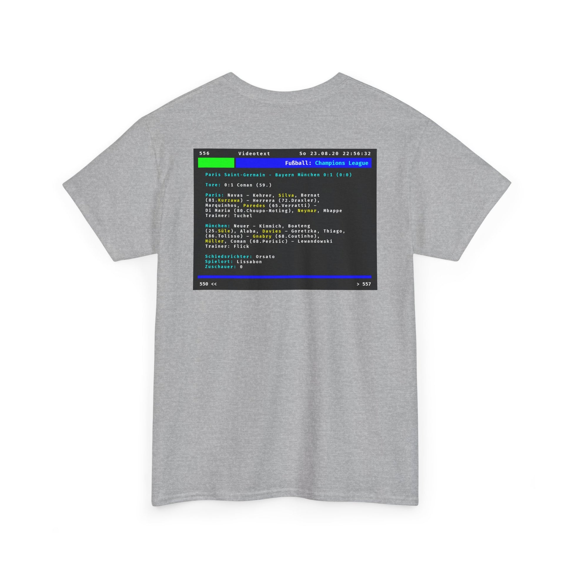 Videotext Shirt - Champions League Finale 2020 FC Bayern München vs Paris Saint-Germain featuring the iconic lineup display.