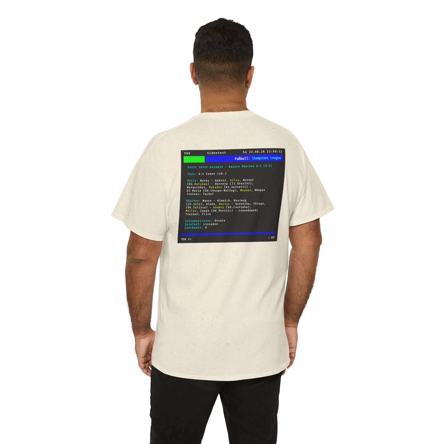 Videotext Shirt - Champions League Finale 2020 FC Bayern München vs Paris Saint-Germain displayed on a model.
