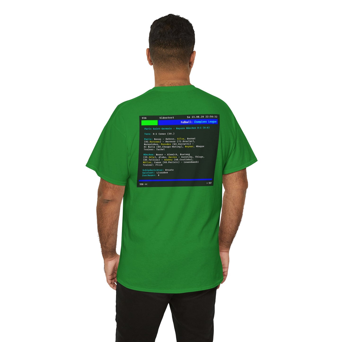 Videotext Shirt - Champions League Finale 2020 FC Bayern München vs Paris Saint-Germain, grün mit Videotext-Rückendruck.