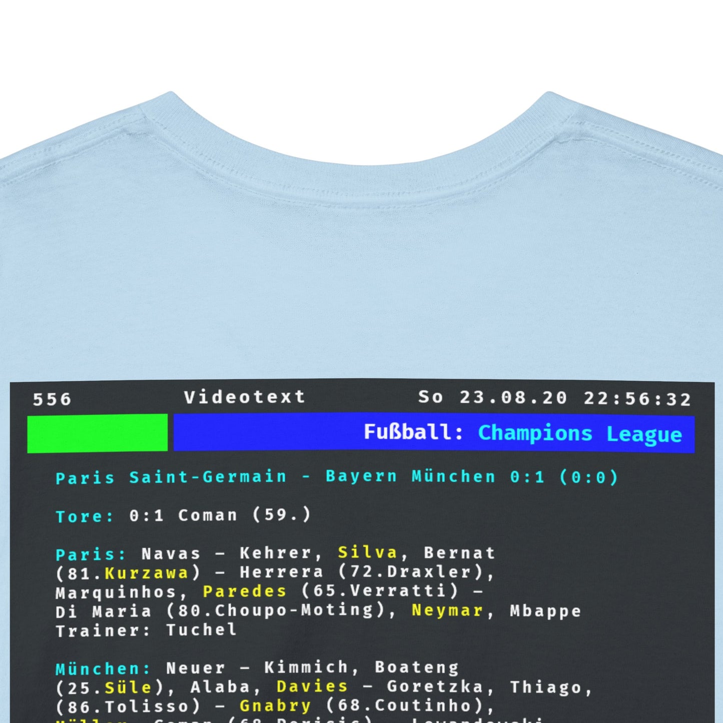 Videotext Shirt - Champions League Finale 2020 FC Bayern München vs Paris Saint-Germain back design featuring player lineups.