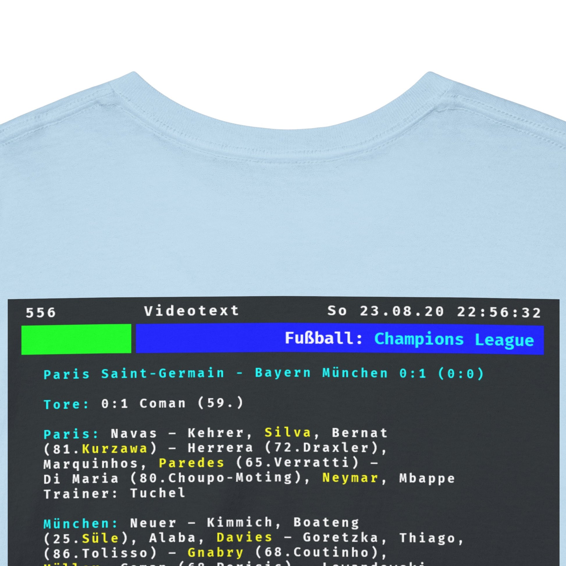 Videotext Shirt - Champions League Finale 2020 FC Bayern München vs Paris Saint-Germain back design featuring player lineups.