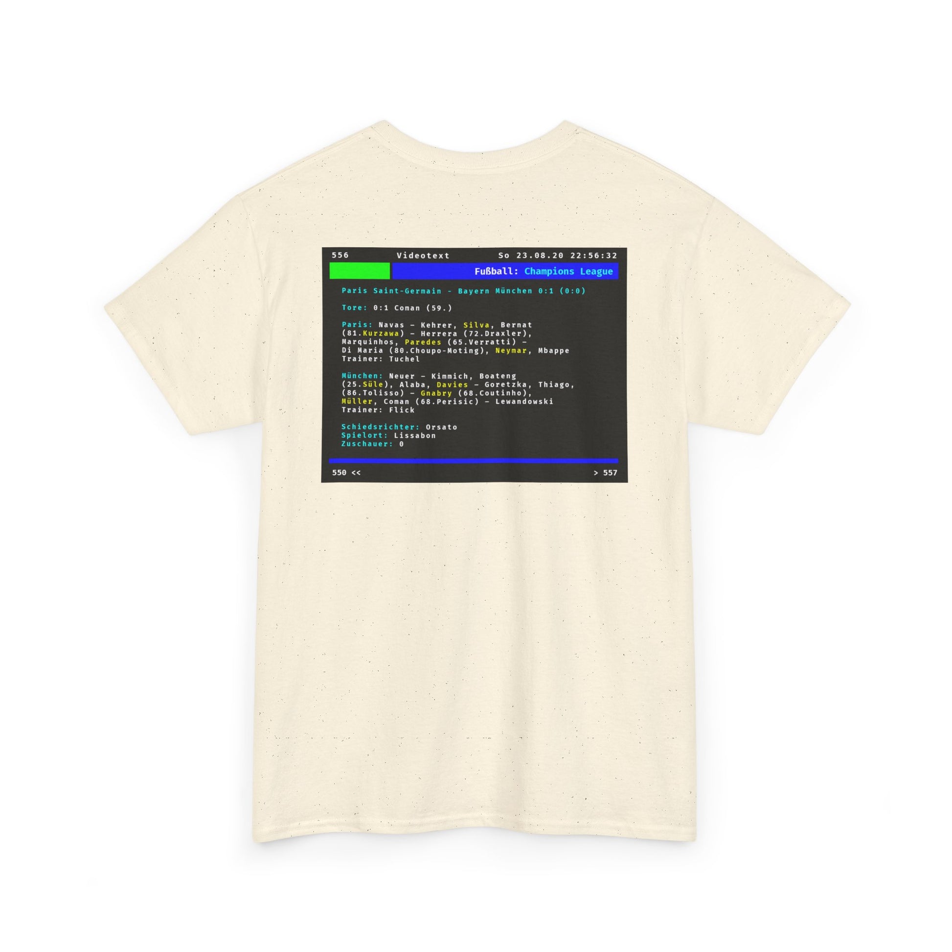 Videotext Shirt - Champions League Finale 2020 FC Bayern München vs Paris Saint-Germain, featuring game details on back.