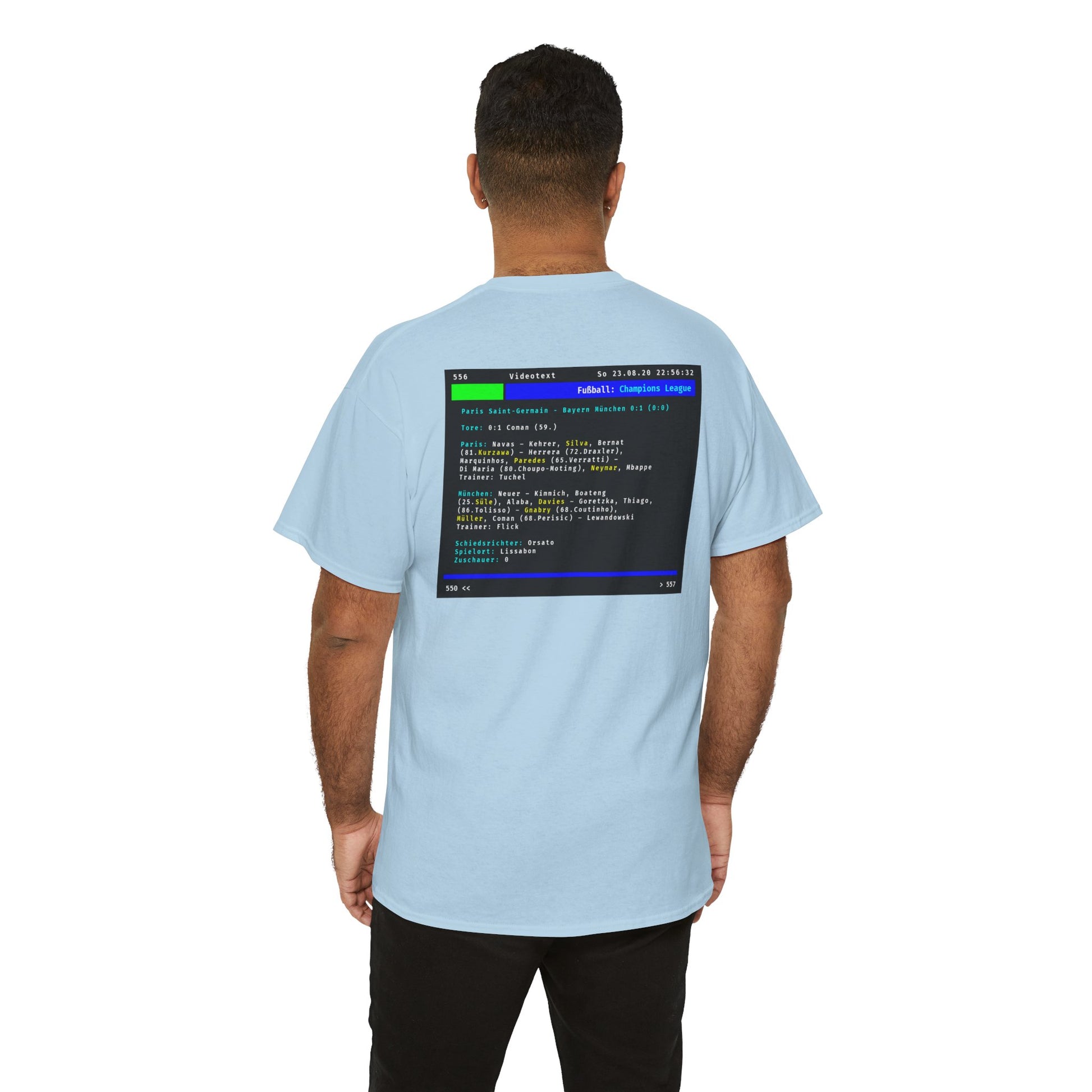 Videotext Shirt - Champions League Finale 2020 FC Bayern München vs Paris Saint-Germain showcased on light blue tee.