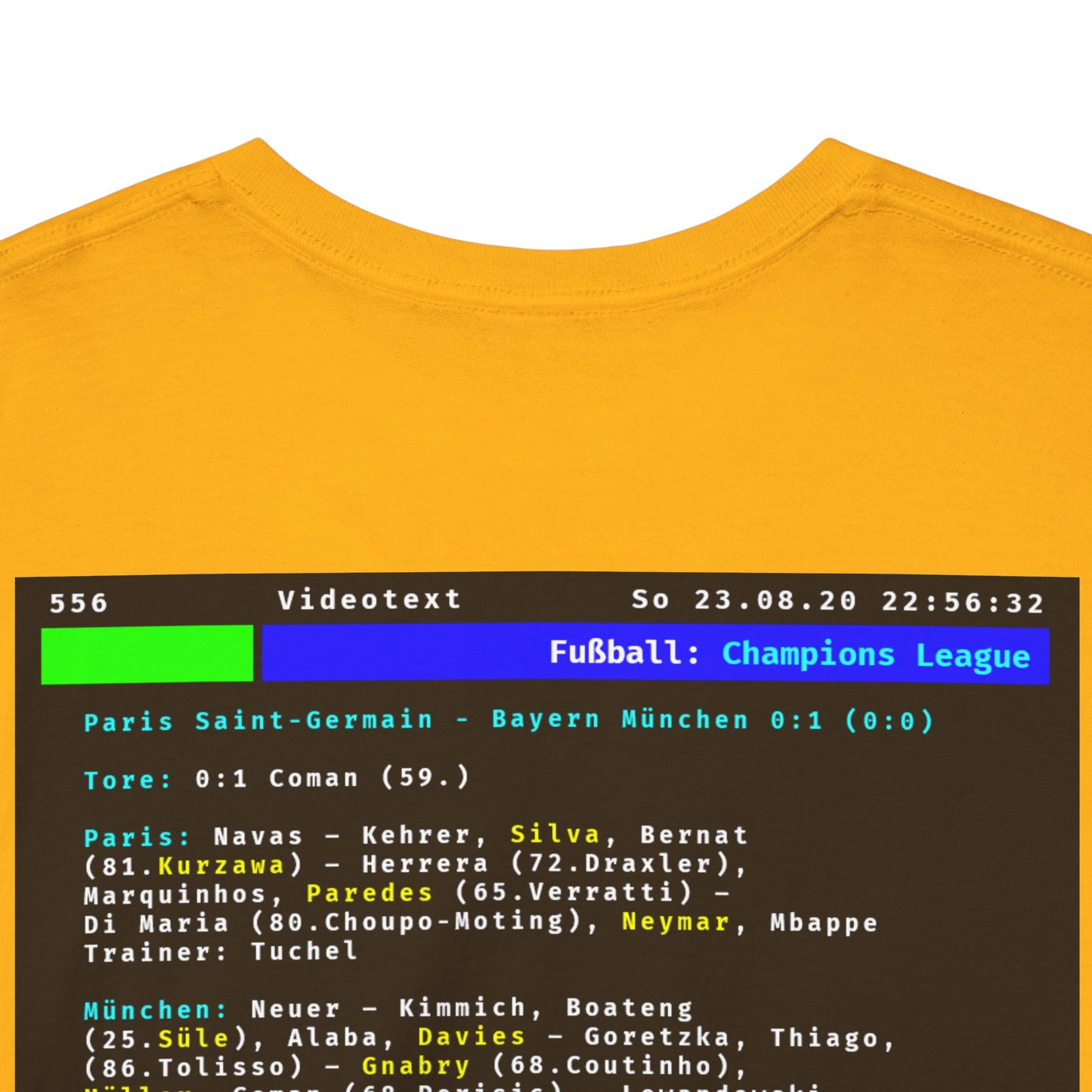 Videotext Shirt - Champions League Finale 2020 FC Bayern München vs Paris Saint-Germain back design featuring match details.