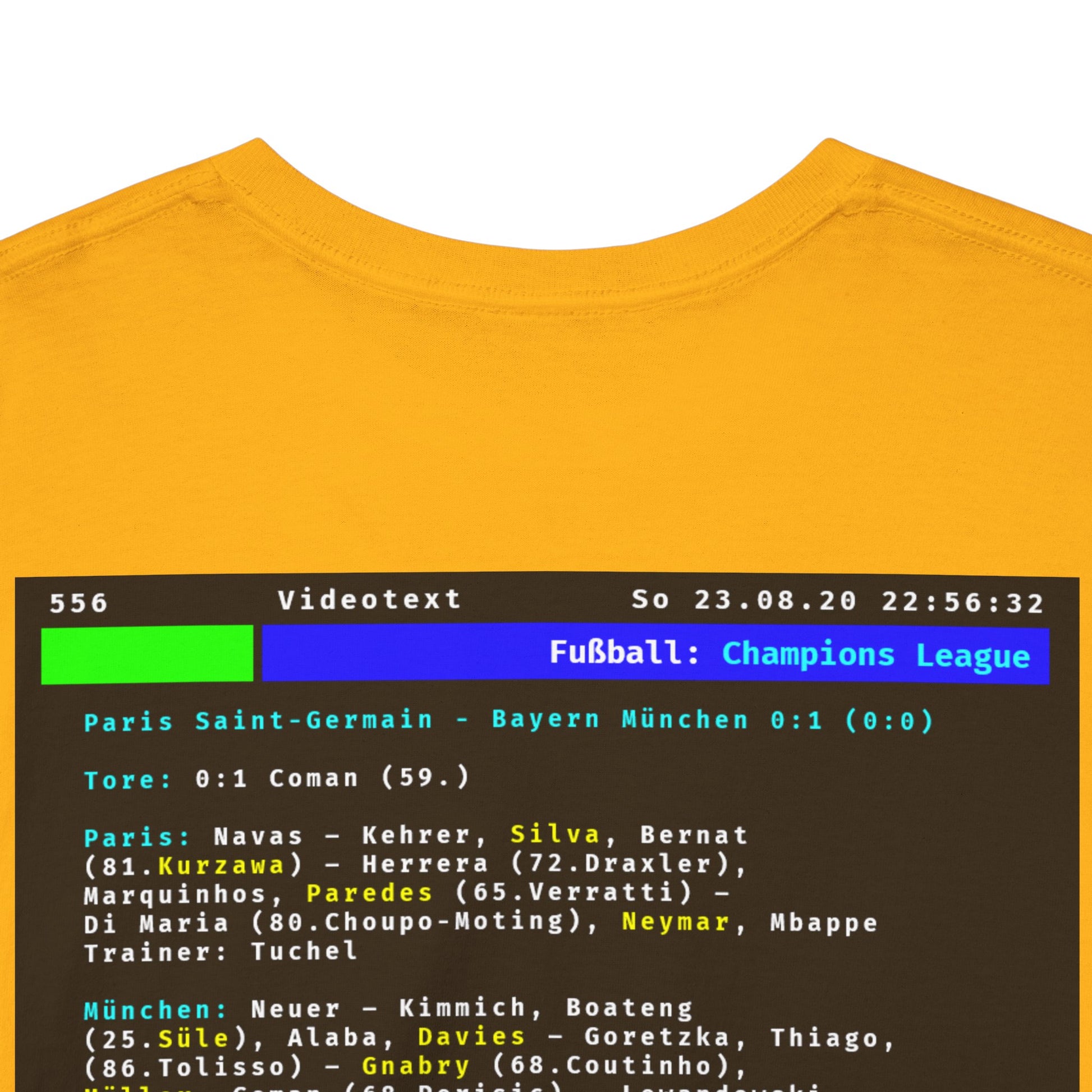 Videotext Shirt - Champions League Finale 2020 FC Bayern München vs Paris Saint-Germain back design featuring match details.