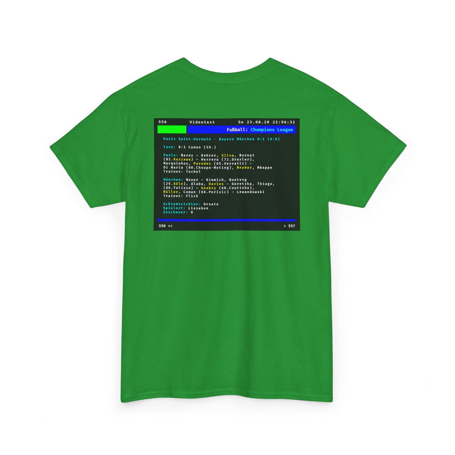 Videotext Shirt - Champions League Finale 2020 FC Bayern München vs Paris Saint-Germain back graphic design on green shirt.